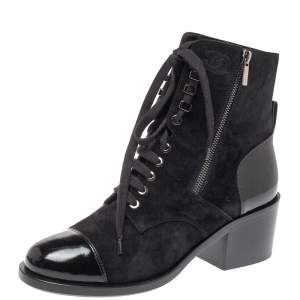 Chanel Black Suede And Patent Leather Combat Lace Up Boots Size 40.5