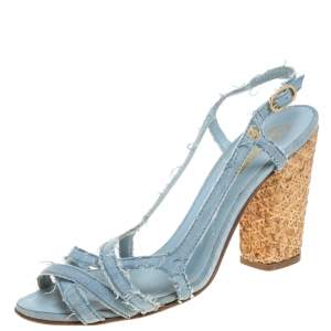 Chanel Blue Fabric  Slingback Sandals Size 41