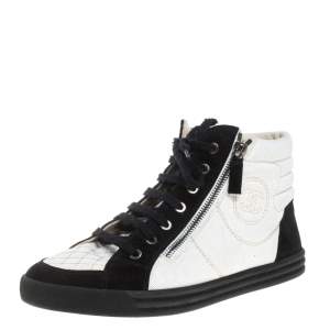 Pre Owned Chanel White/Black Suede And Canvas CC High Top Sneakers Size 40.5