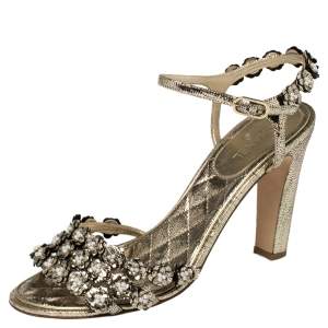 Pre Owned Chanel Gold Leather Camellia Embellished Sandals Size 41
