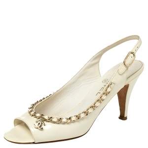 Chanel Off White Patent Leather Chain Embellishment Sandals Size 38