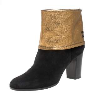 Chanel Black/Gold Suede CC Fold Ankle Boots Size 41