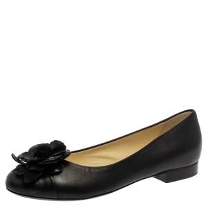 Pre Owned Chanel Black Leather Camellia Flower Ballet Flats Size 37