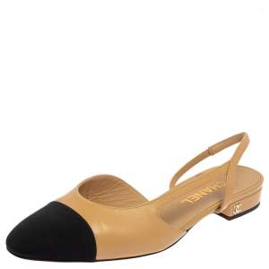 Pre Owned Chanel Beige/Black Leather and Canvas CC Cap Toe Slingback Flat Sandals Size 38.5