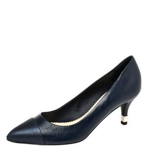 Pre Owned Chanel Blue Leather Cap Toe CC Pumps Size 38