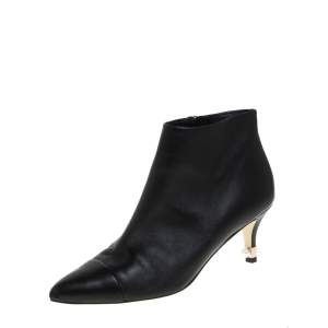 Chanel Black Leather Cap Toe Pearl Embellished CC Heel Ankle Boots Size 38.5