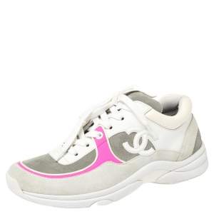 Pre Owned Chanel Grey/Pink Suede And Leather CC Low Top Sneakers Size 36