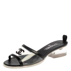 مملوكة مسبقًا Chanel Black PVC And Leather CC Flat Slides Size 38.5