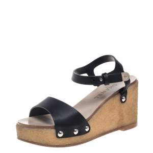 Chanel Black Leather Wedge Platform Sandals Size 37