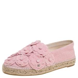 Pre Owned Chanel Pink Tweed Fabric CC Camellia Espadrilles Size 39