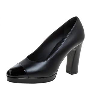 مملوكة مسبقًا Chanel Black Leather CC Cap Toe Block Heel Pumps Size 36