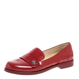 Pre Owned Chanel Red Patent Leather CC Logo Slip On Loafers Size 38