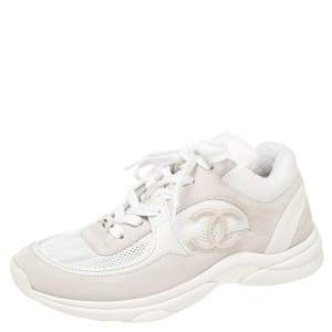 مملوكة مسبقًا Chanel White Mesh And Leather CC Lace Up Sneakers Size 39