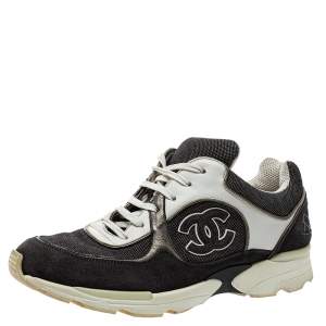 Pre Owned Chanel Grey/White Canvas And Leather  Low-Top CC Trainer Sneakers Size 39