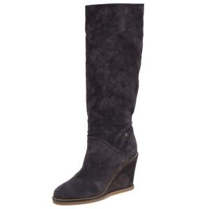 Chanel Grey Suede Chain-Link Wedge Knee Length Boots Size 40.5
