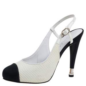 مملوكة مسبقًا Chanel Black/White Leather Cap Toe Slingback Pumps Size 37