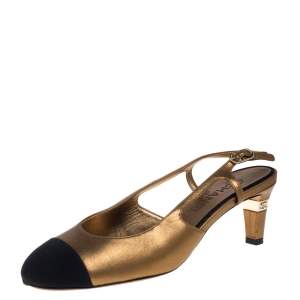 مملوكة مسبقًا Chanel Metallic Gold Leather And Fabric Cap Toe Slingback Sandals Size 40