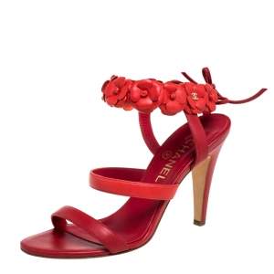 مملوكة مسبقًا Chanel Red Leather Camellia Ankle Strap Sandals Size 37.5