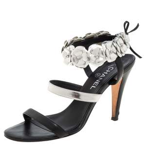 Pre Owned Chanel Black/Silver Leather Camellia Open Toe Ankle Strap Sandals Size 41