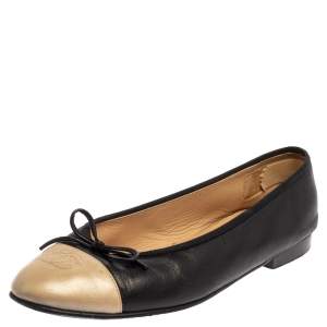 Pre Owned Chanel Black/Gold Leather  Bow  CC Cap Toe Flats Size 40.5