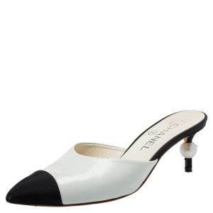 Pre Owned Chanel White/Black Leather and Canvas CC Pearl Embellished Heel Mules Size 36