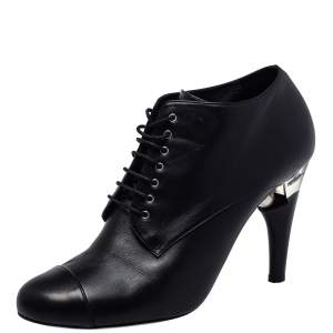  Chanel Black Leather Lucite Pearl Heel Lace Up Ankle Boots Size 42