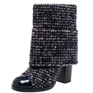 Chanel Blue Tweed And Patent Leather CC Cap Toe Ankle Boots Size 38