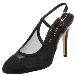 Pre Owned Chanel Black Mesh And Fabric CC Cap Toe Slingback Sandals Size 36