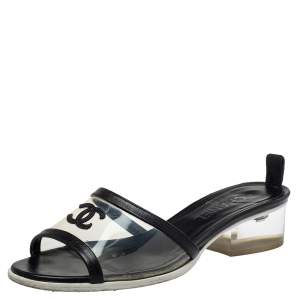 مملوكة مسبقًا Chanel Black Leather And PVC CC Slides Size 39.5