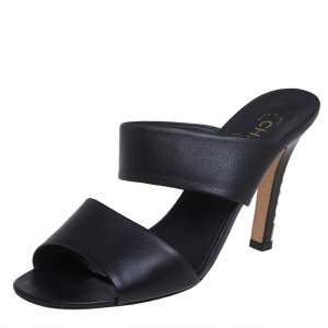 Pre Owned Chanel Black Leather Pearl Heel Slide Sandals Size 41.5