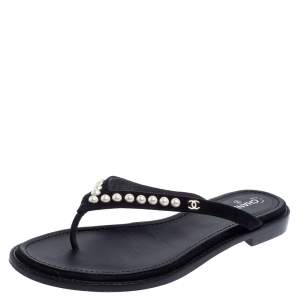 Pre Owned Chanel Black Suede Pearl Thong Flat Sandals Size 41