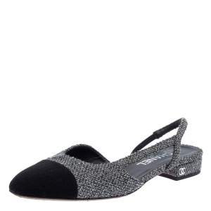 Pre Owned Chanel Black/Grey Tweed And Fabric Cap Toe Slingback Flats Size 37.5