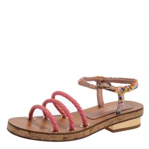 Pre Owned Chanel Multicolor Tweed Cord Cork Flat Slingback Sandals Size 38 
