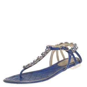 Pre Owned Chanel Blue Leather Floral Embellishment Flat Thong Sandals Size 37.5