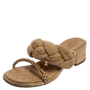 Pre Owned Chanel Beige Suede Braided Chain Embellished Slide Sandals Size 37