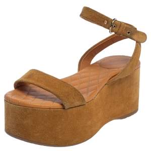 مملوكة مسبقًا Chanel Brown Suede Ankle Wrap Wedge Sandals Size 37