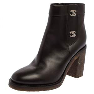 Chanel Brown Leather CC Turnlock Ankle Boots Size 41