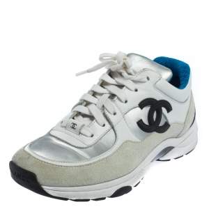 مملوكة مسبقًا Chanel White/Silver Leather And Polyamide CC Low Top Sneakers Size 38