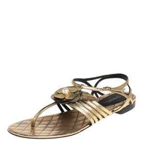 Pre Owned Chanel Metallic Gold Leather  Ankle Strap Sandals Size 39.5
