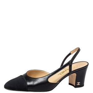 Pre Owned Chanel Black Leather and Fabric Cap Toe Slingback Sandals Size 38