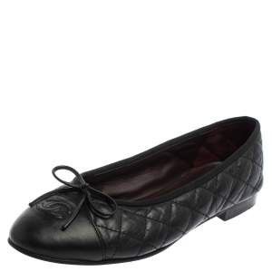 Pre Owned Chanel Black Quilted Leather CC Bow Cap Toe Ballet Flats Size 38.5