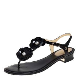 Pre Owned Chanel Black Patent CC Camellia Pearl Ankle Strap Thong Sandals Size 38.5