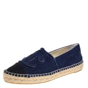 Pre Owned Chanel Blue/Black Canvas CC Espadrille Flats Size 37