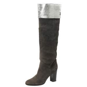 Chanel Dark Grey Suede And Leather Knee Length Boots Size 41
