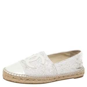 Pre Owned Chanel White Sequins and Patent Leather CC Espadrilles Size 38