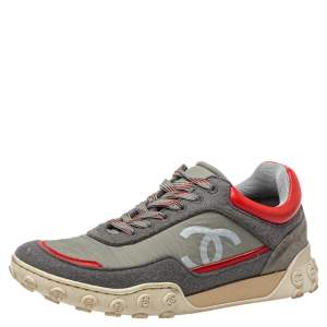 Pre Owned حذاء رياضي شانيل سبورت لوكس صوف ونايلون أحمر/رصاصي منخفض من أعلى مقاس 36