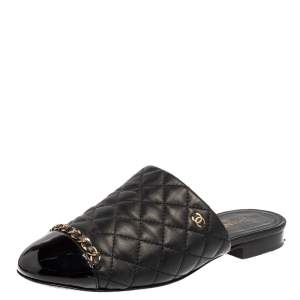  مملوكة مسبقًا Chanel Black Quilted Leather Cap Toe Chain Mules Size 37