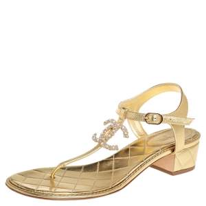 Pre Owned Chanel Gold Leather Interlocking CC Logo T-Strap Sandals Size 41.5
