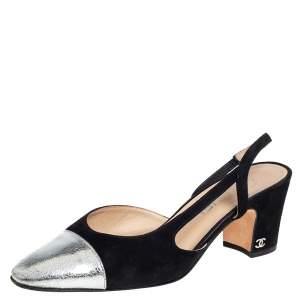 Chanel Black/Silver Suede And Leather CC Cap Toe Block Heel Slingback Sandals Size 38 