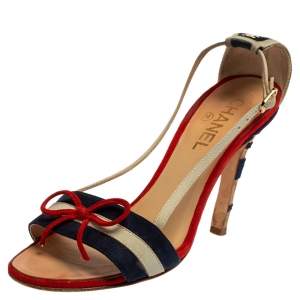Chanel Multicolor Suede CC Bow Cork Heel Ankle Strap Sandals Size 37